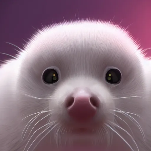 Prompt: white mink with pink nimbus of pink bacteria circle around the neck art unreal engine hd 8k starring at camera symmetrical mink matte background