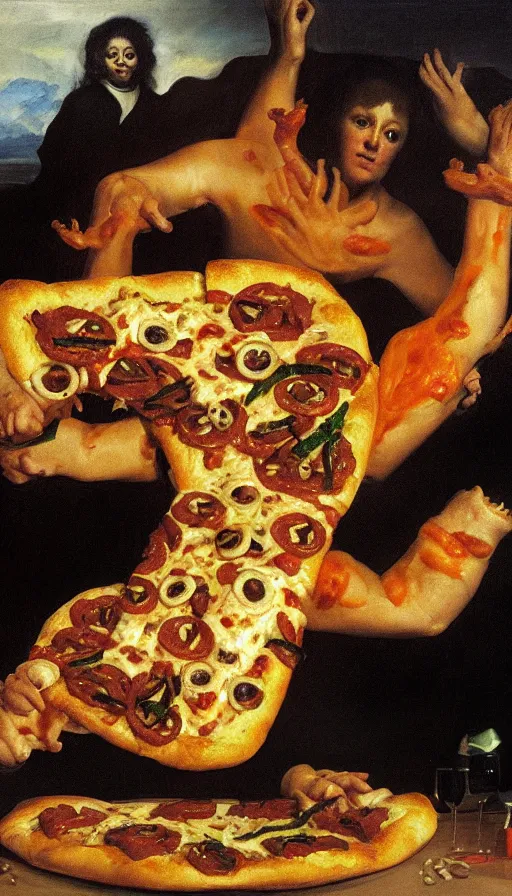 Image similar to oil portrait of evil pizza hut stuffed crust with human limbs as toppings, hyperrealistic, surrealcore, lovecraftian, 4 k by francisco goya