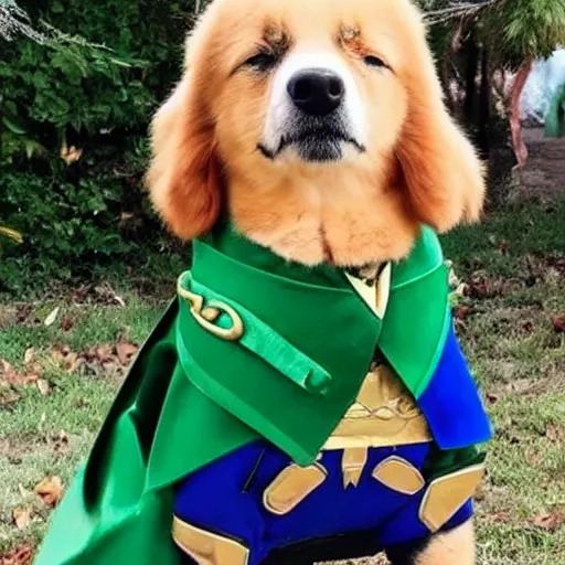 Image similar to a dog named Loki that is dressed like Loki
