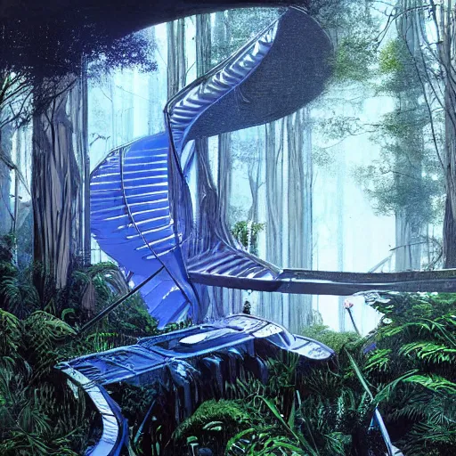 Prompt: stairs leading to a derelict portal in a middle of a lush futuristic forest, alien world seen through a portal, daylight, cinematic lighting, blue sky, syd mead, john harris