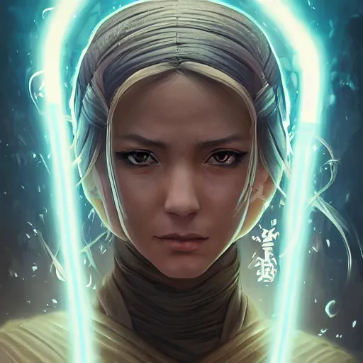 Image similar to one female jedi master, wearing the traditional jedi robe, beautiful and uniquely odd looking, detailed symmetrical close up portrait, intricate complexity, in the style of artgerm and ilya kuvshinov, magic the gathering, star wars art