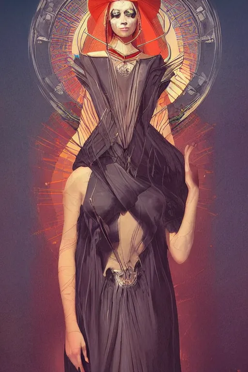 Prompt: tarot!!, high priestess, no noise, elegant, concept art, sharp focus, beautiful face!!, digital art, smooth defined outlines!!, human anatomy, human structure, vector background, by Brom, trending on Artstation, Tom Bagshaw, Sargent