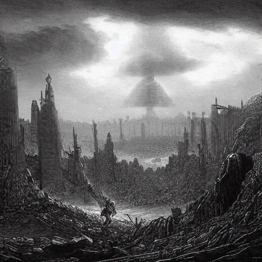 Image similar to apocalyptic landscape, soldier in gasmask, dark clouds, dark, eerie, dystopian, city, end times, illustration by Gustave Doré