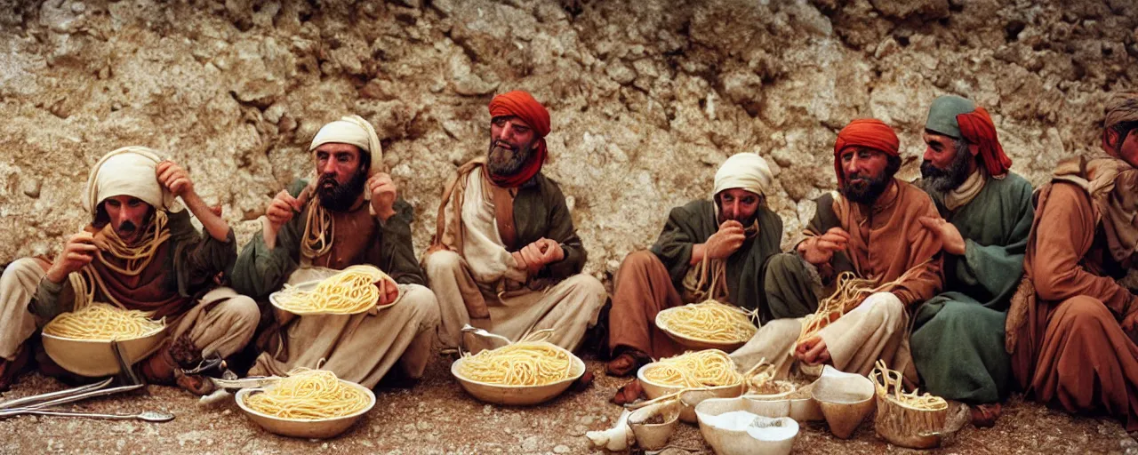 Prompt: the moors eating spaghetti, invading north africa, 7 0 0 ad, canon 2 8 mm, kodachrome, retro, in the style of wes anderson, realistic expressions, detailed faces, exquisite detail, soft focus,