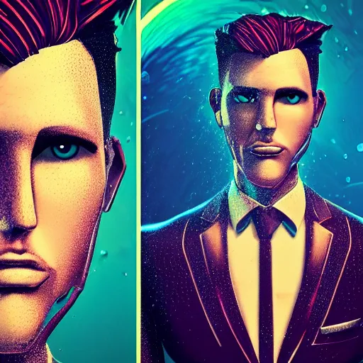 Prompt: epic cartoon portrait made out of rain, pinstripe suit, short hair, galactic background, rendered in octane, unreal engine, highly detailed, trending on artstation, realistic, splashes of neon, beautiful