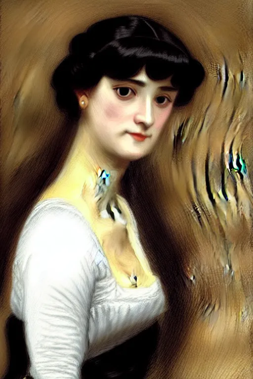 Image similar to jane austen black long hair, painting by rossetti bouguereau, detailed art, artstation