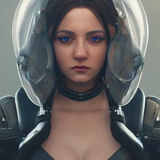 Prompt: centered realistic detailed portrait of beautiful aloof space bounty hunter woman, identical gazing eyes, 4k, cgsociety