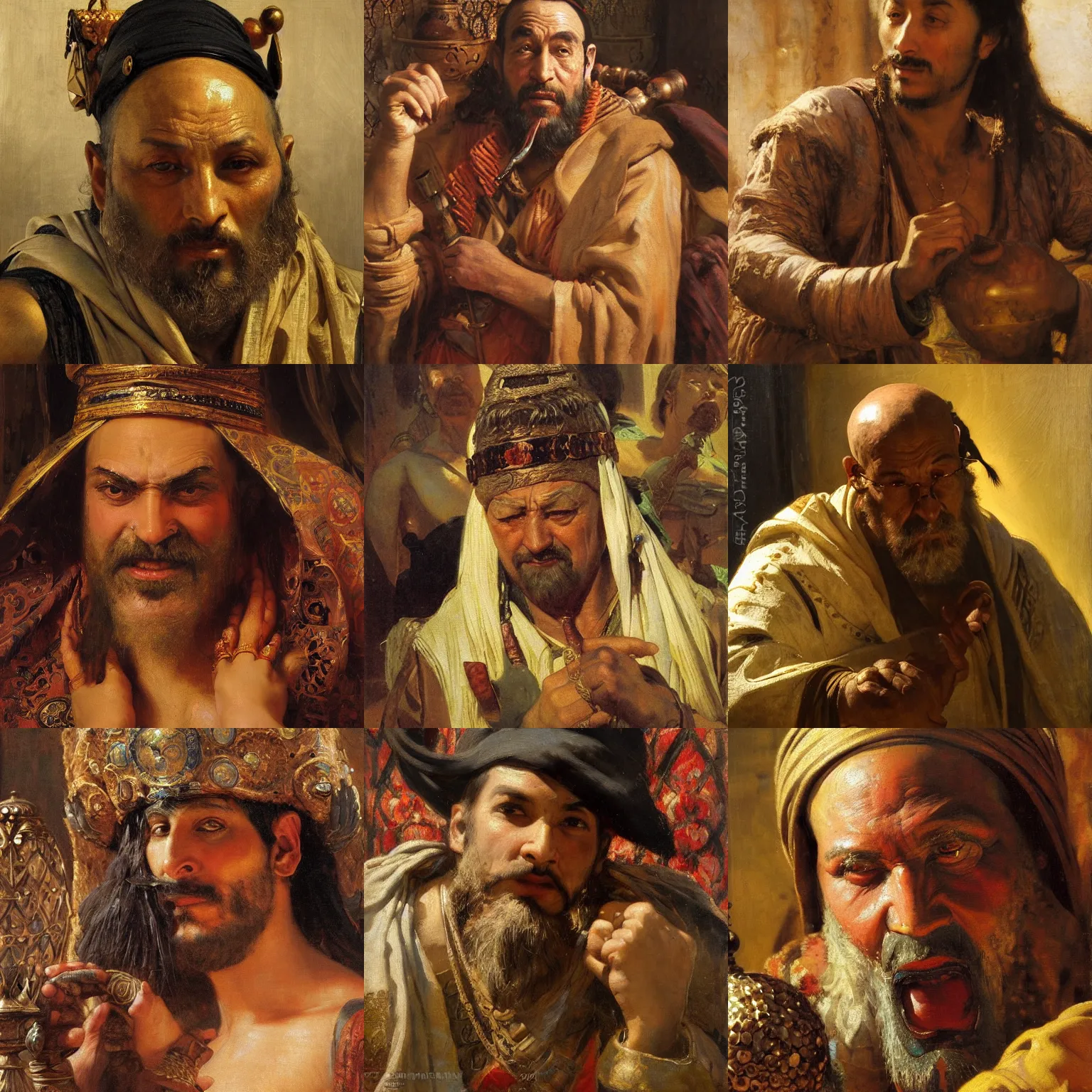 Prompt: orientalism painting of an arrogant alchemist face detail by theodore ralli and nasreddine dinet and anders zorn and nikolay makovsky and edwin longsden long, bronze age, sword and sorcery, oil on canvas, masterful intricate artwork, excellent lighting, high detail 8 k