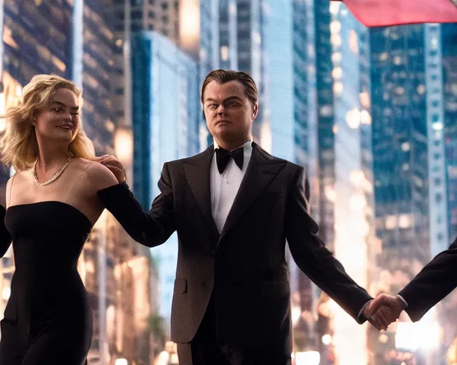 Prompt: leonardo dicaprio as the wolf of wall street holding hands with margot robbie, cinamtic, hyper detailed, 8 5 mm photograph, 8 k resolution, film still, sharp lens, wide lens