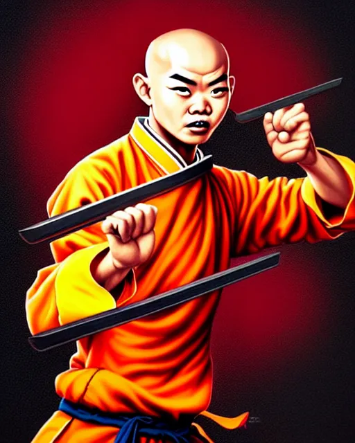 Image similar to richly detailed color illustration of a shaolin-Fast-Food-Employee-kung-fu illustrated by Artgerm and Timothy Kong . 3D shadowing