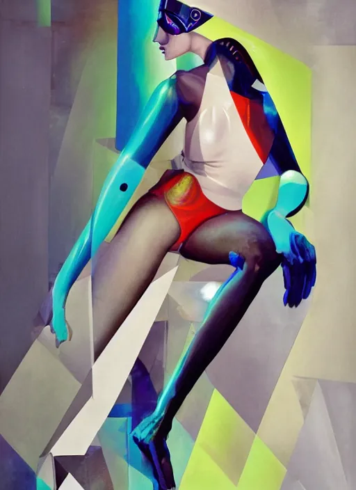 Image similar to futuristic lasers, data visualization, cyberpunk bodysuit, mask, laserpunk, visor, rain, wet, oiled, sweat, girl pinup, by steven meisel, james jean and rolf armstrong, geometric cubist perfect geometry abstract acrylic and hyperrealism photorealistic airbrush collage painting with menocjrome muted and neon fluorescent colors, 8 0 s eros