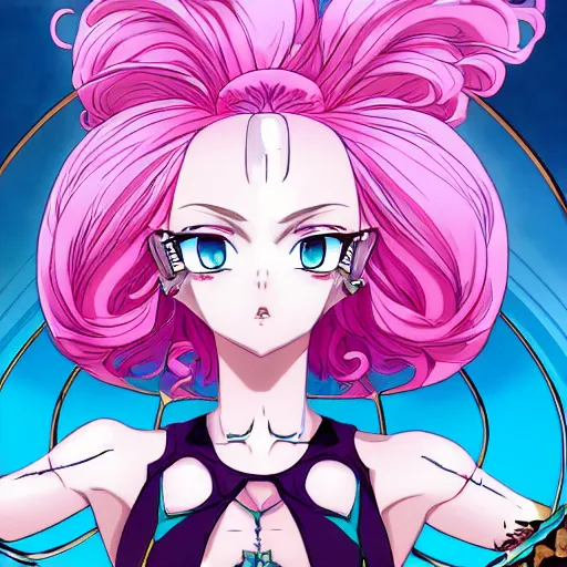 Image similar to stunningly beautiful omnipotent megalomaniacal anime goddess with porcelain skin, pink hair and mesmerizing cyan eyes, symmetrical perfect face smiling in a haughty way, mid view, hyperdetailed, 2 d, 8 k