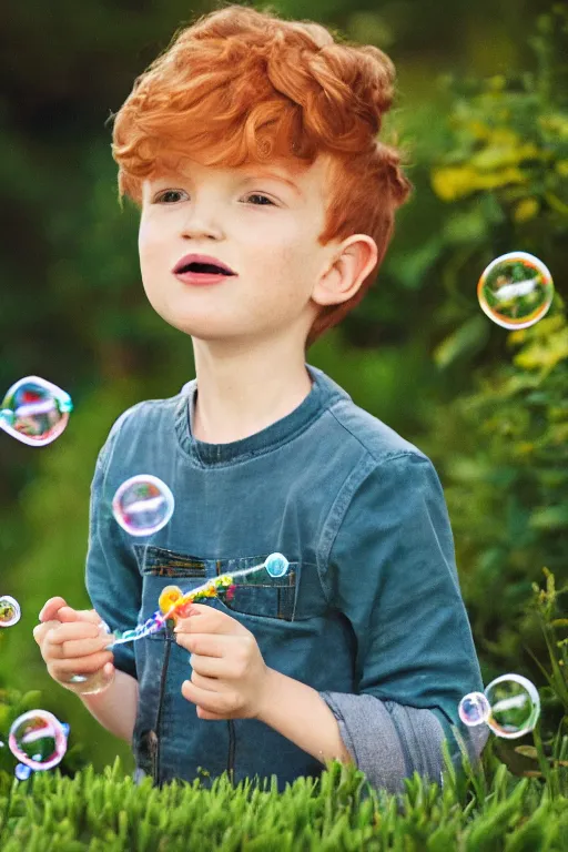 Image similar to a little boy with ginger hair blowing bubbles in a garden. clean elegant simple illustration, beautiful detailed face.