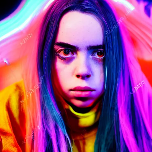 Prompt: beautiful portrait of amazing billie eilish in the street, explosion of neon lights, close up, 5 0 mm lens, model photography derailed realistic