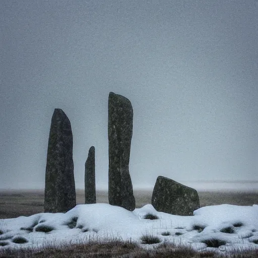 Image similar to 'dancing silhouette figures in front, neolithic standing stones, a haunting snow storm, fog, atmosphere, brooding clouds'