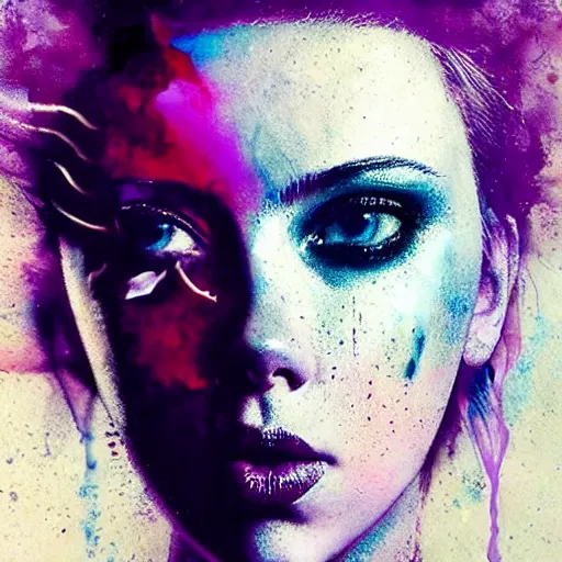 Image similar to drunken scarlett johansson as delirium from sandman, ( hallucinating colorful soap bubbles ), by jeremy mann, by sandra chevrier, by dave mckean and richard avedon and maciej kuciara, punk rock, tank girl, high detailed, 8 k