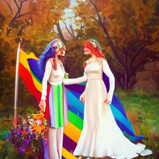 Image similar to lgbt wedding in 1 9 7 0 hippie fashion, digital painting, ultradetailed, artstation, oil painting, ultradetailed, artstation