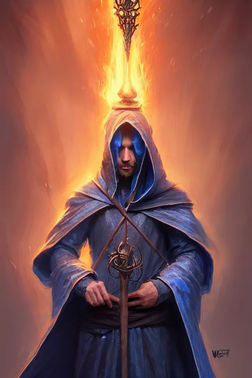 Image similar to Front portrait of a hooded mage hold a blue fire and detailed staff, full body, fine art, awesome fantasy book cover on Pinterest, award winning, dark fantasy landscape, fantasy magic, intricate, elegant, sharp focus, cinematic lighting, highly detailed, digital painting, concept art, art by WLOP and Artgerm and Greg Rutkowski, masterpiece, trending on artstation, 8K