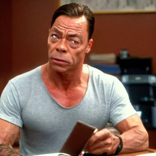 Image similar to Jean Claude Vandamme as Stanley on the office, cinematic still, high quality,