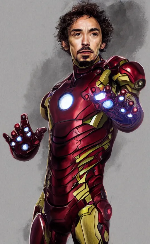 Image similar to portrait of robert sheehan as iron man from the avengers infinity war, character concept art, hyperrealistic, detailed, accurate illustration, dramatic lighting, action pose