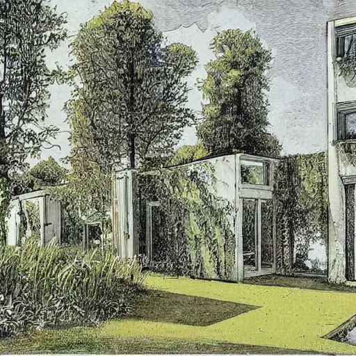 Prompt: white old dutch house, lush garden next to highway, drawing by moebius