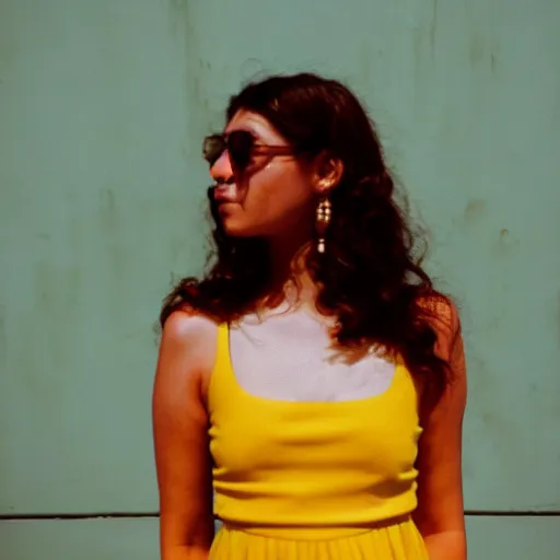 Image similar to portrait photo of a beautiful brown hair woman in a yellow sun dress in downtown Los Angeles, Kodak Portra 400 film