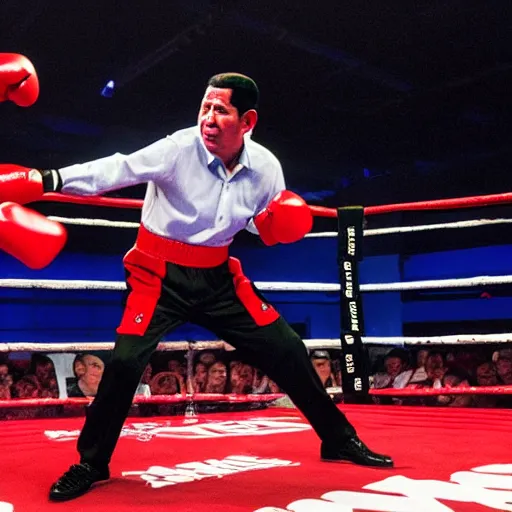 Image similar to A still of Hugo Chávez in a boxing match against Nicolas Maduro, 4k, highly detailed, photograph, photoreal, award winning, promo shoot