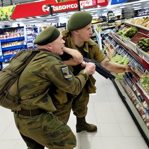 Prompt: world war 2 soldiers attacking tesco supermarket