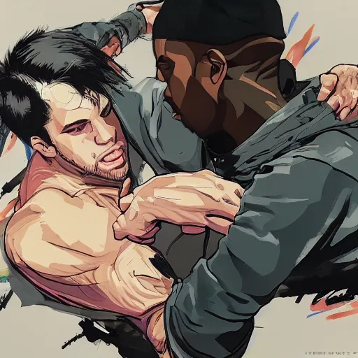 Prompt: An illustration of Kanye West beating up Pete Davidson by Yoji Shinkawa, anime, detailed, ultrarealistic UHD faces, cel-shaded