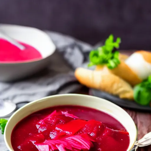 Image similar to a bowl of borscht wearing cat ears, award winning food photo, 4 k, delicious, polish food, high quality