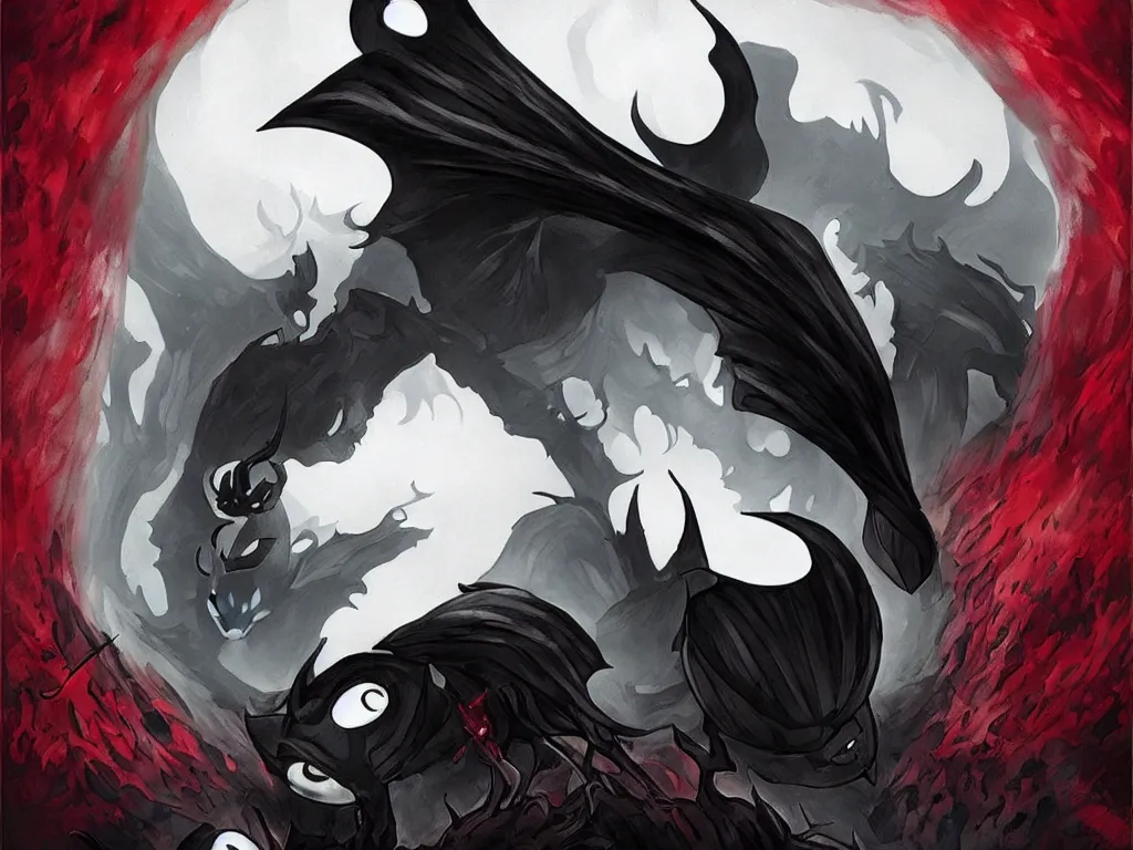 Image similar to cover art for hollow knight. Ominous. High detail. No text. Red. Colors. nightmare king grimm. Sharp. 4K 8K. Detailed shapes.