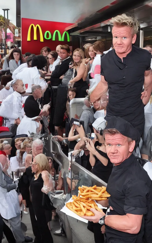 Image similar to gordon ramsay waiting in line at mcdonalds, high detailed sharp photo