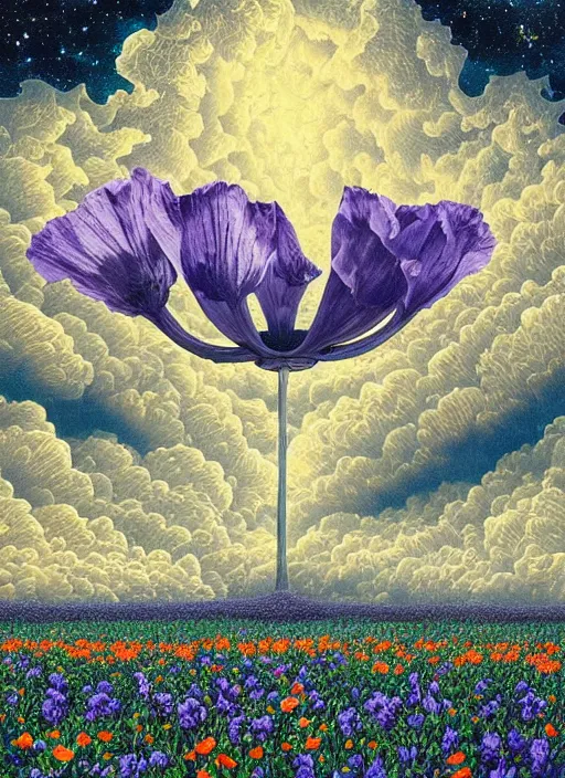 Image similar to detailed, intricate blue black and purple papaverum flower on the field, nebula, galaxy in the sky, winning award masterpiece, fantastically beautiful, illustration, aestheticly inspired, jacek yerka, upscale with anguissola sofonisba work, artstation, 8 k