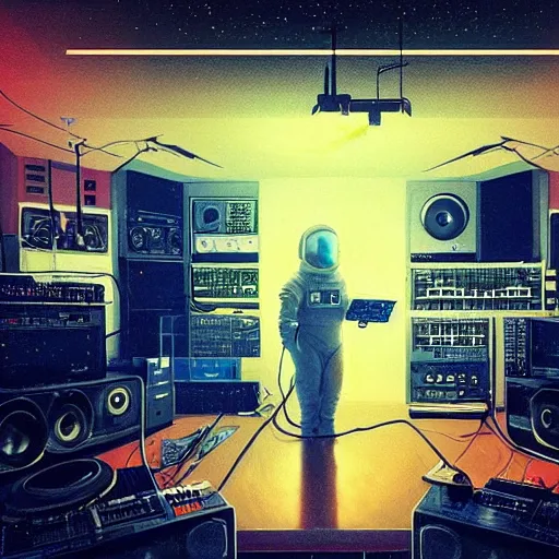 Image similar to an astronaut, using a synthesizer in a music studio, [ floating ]!!, synthwave art style, illustrated by greg rutkowski and ashley mckenzie, trending on cgsociety, golden ratio!!!, centered!!!, intricate