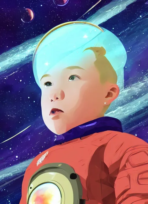 Image similar to little boy with short blonde hair. he is floating in space. he is wearing a space suit. background is a nebula. clean cel shaded vector art. shutterstock. behance hd by lois van baarle, artgerm, helen huang, by makoto shinkai and ilya kuvshinov, rossdraws, illustration, art by ilya kuvshinov