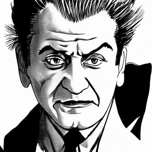 Prompt: Joe Pesci black & white portrait, manga panel, art by Nobuyuki Fukumoto