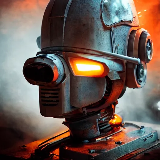 Image similar to toaster oven mecha head, dark messy smoke - filled cluttered workshop, dark, dramatic lighting, orange tint, sparks, cinematic, highly detailed, sci - fi, futuristic, movie still