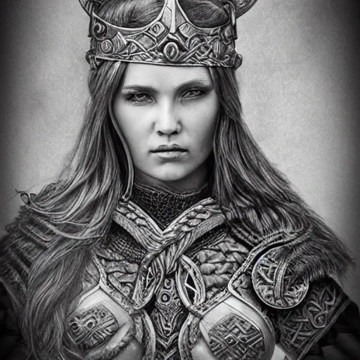 Image similar to hyper realistic pencil drawing of a viking princess, intricate detail, beautiful, battle armor, war, fight, light, dragon, colorful