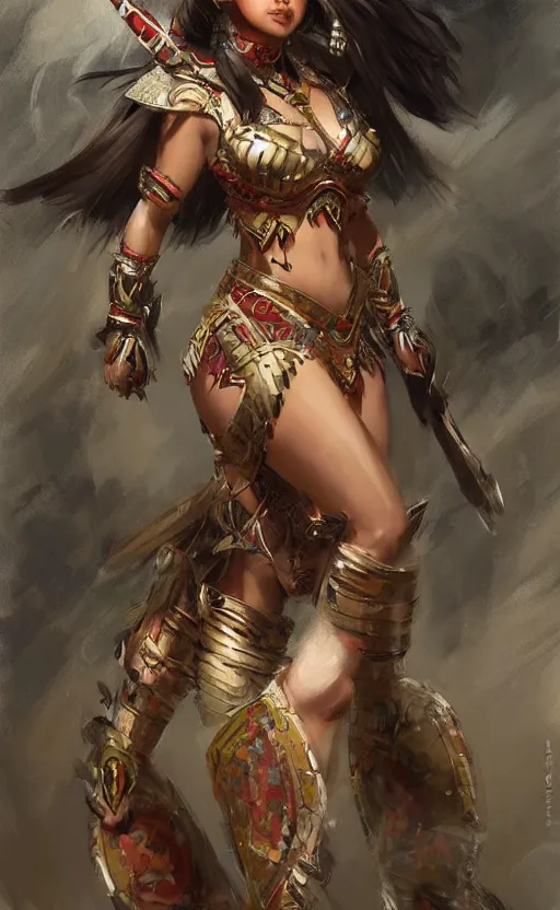 Image similar to curvy asian tribal armor girl by daniel gerhartz, trending on art station