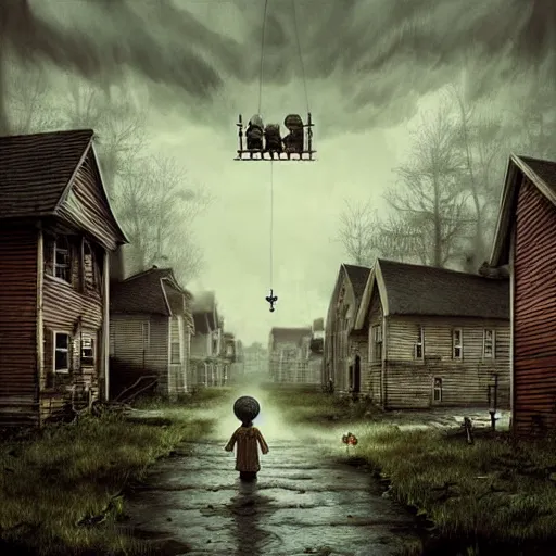 Prompt: Stunning 35mm empty town by Ejsing, Jesper. Full of ghostly children floating above the houses, photography, surrealism, dark, fantasy, Digital Art, Crewdson, Gregory