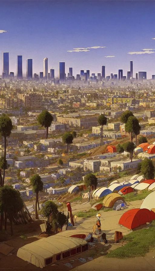 Image similar to ghibli illustrated background of strikingly beautiful skid row, los angeles, california, with strange city skyline is seen in the distance, tents, streets by vasily polenov, eugene von guerard, ivan shishkin, albert edelfelt, john singer sargent, albert bierstadt 4 k