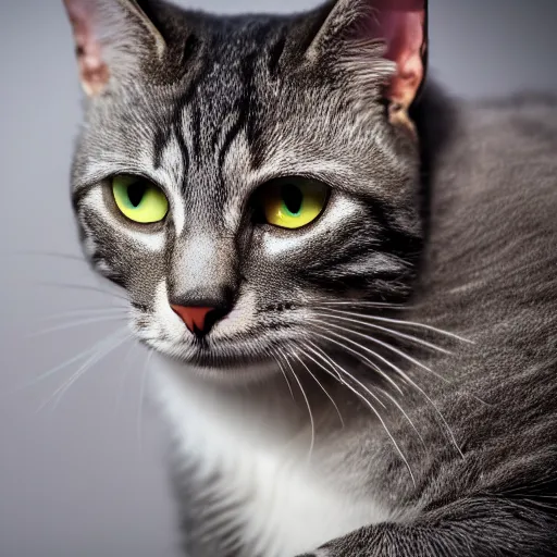 Prompt: A render of a cat with metallic silver fur, hyperrealistic, bokeh, XF IQ4, f/1.4, ISO 200, 1/160s, 8K