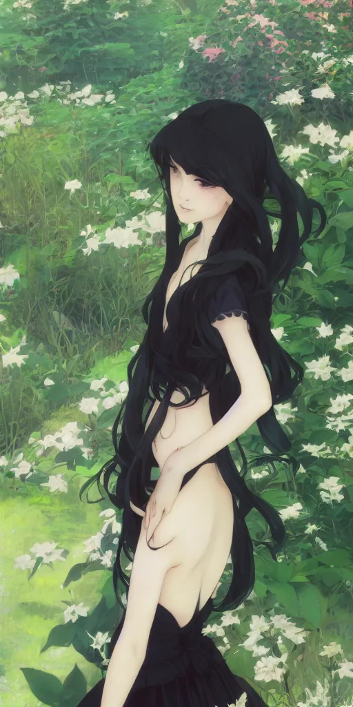 Image similar to a loli with long hair in a black dress in the privet garden at after noon, green and warm theme, back lighting, by krenz cushart and mucha and akihito yoshida and greg rutkowski and makoto shinkai, extremely long shot, detailed eyes, 4 k resolution, highly detailed, trending on art station