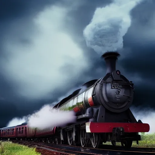 Prompt: the hogwarts express jacobite steam train, the train is coming at the camera, behind the train is a epicly lit cloud, loads of steam, dramatic light, night scene, greg rutkowski, zabrocki, karlkka, jayison devadas, trending on artstation, 8 k, ultra wide angle, zenith view, pincushion lens effect