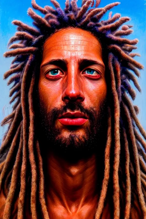 Image similar to hyperrealistic close - up portrait of psychedelic!!!!!!!!!! neuro - shaman dreadlocks hippy highly detailed concept art eric zener elson peter cinematic hard lighting high angle hd 8 k sharp shallow depth of field, inspired by denis villeneuve and zdzisław beksinski