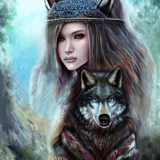 Image similar to fantasy wolf princess girl warrior tribe art drawn in art style of WLOP full HD 4K highest quality realistic beautiful gorgeous natural WLOP artist painting