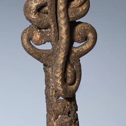 Image similar to Bronze 1500BCE Canaanite pole with serpent carving at the top. 40mm lens, shallow depth of field, split lighting