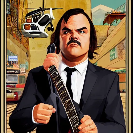 Image similar to jack black portrait with a guitar in gta v cover art, hyper realistic, highly detailed