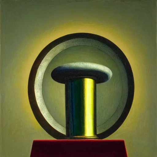 Prompt: oil pastel of an ancient holy chromed artifact in the shape of a torus, with mana radiating from it, on top of a marbled pedestal in a dark room, moody misty fantasy art, raytraced, by vermeer and rembrandt