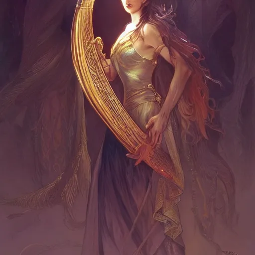 Image similar to a strange harp, d & d, fantasy, intricate, elegant, highly detailed, digital painting, artstation, concept art, smooth, sharp focus, illustration, art by artgerm and greg rutkowski and alphonse mucha